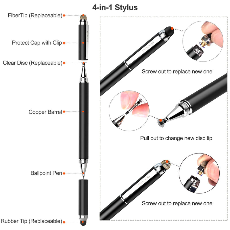 [Australia - AusPower] - Penyeah Stylus Pen, 4 in 1 Disc Stylus Pens for Touch Screens, High Precision and Sensitivity Universal Capacitive Stylus, Stylist for Tablets,iPhone,iPad,Laptops with 4 Replacement Tips - Black 