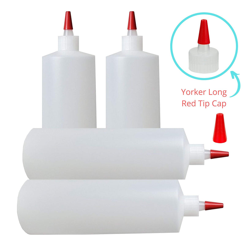 [Australia - AusPower] - kelkaa 32oz 28/410 HDPE Plastic Cylinder Squeeze Bottles with Dispensing Yorker Long Red Sealer Tip Caps, for Food, Crafts, DIY Liquid Products, Multi-Use Refillable Bottles (Pack of 4) 