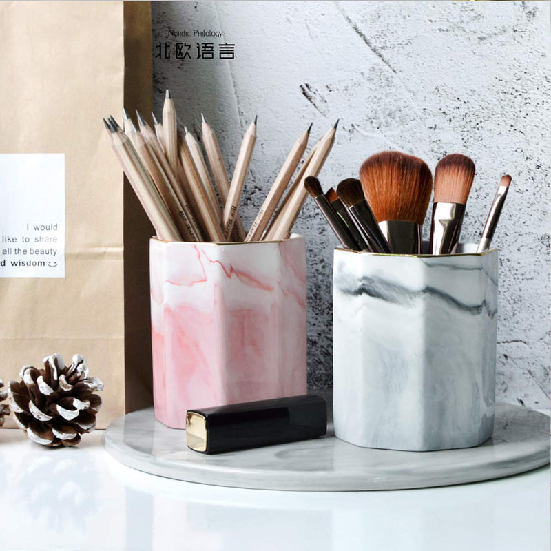 [Australia - AusPower] - WAVEYU Pen Holder, Stand for Desk Marble Pattern Pencil Cup for Girls Kids Durable Ceramic Desk Organizer Makeup Brush Holder for Office, Classroom, Home, Gray Marble 