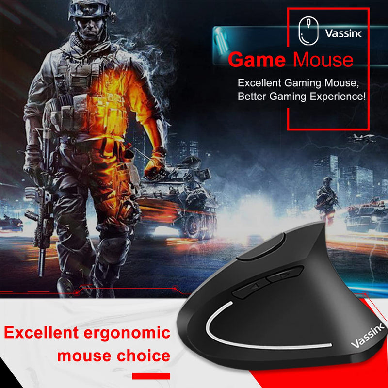 [Australia - AusPower] - Vassink Ergonomic Mouse, Rechargeable Wireless Mouse, 2.4GHz Rechargeable Wireless Vertical Optical Mice with USB Receiver, 6 Buttons, 800/1200/1600 DPI, for Laptop, PC, Computer Black 