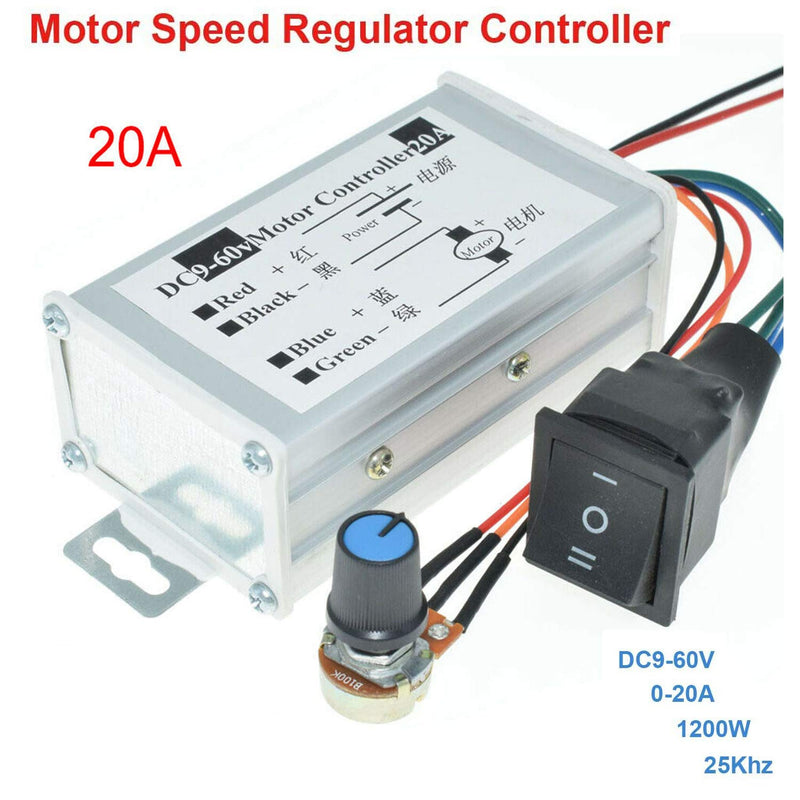 [Australia - AusPower] - DC Motor Speed Controller DC 9-60V Pulse Width Modulation Regulator 20A 1200W Stepless Variable Speed/Forward and Reverse with Knob & Button Switch 