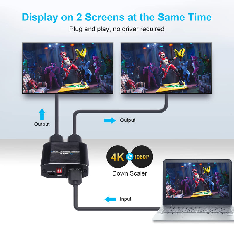 [Australia - AusPower] - HDMI Splitter 1 in 2 Out, Yauhody 4K@60Hz 1x2 HDMI Splitter for Dual Monitors Duplicate/Mirror, Supports 4K60Hz Full HD 1080P HDCP2.2 3D HDR, One Source to Two Display Splitter (HDMI Cable Included) 