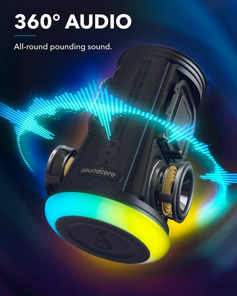 [Australia - AusPower] - Soundcore Flare Mini Bluetooth Speaker, Outdoor Bluetooth Speaker, IPX7 Waterproof for Outdoor Parties, LED Light Show with 360° Sound and BassUp Technology Black 