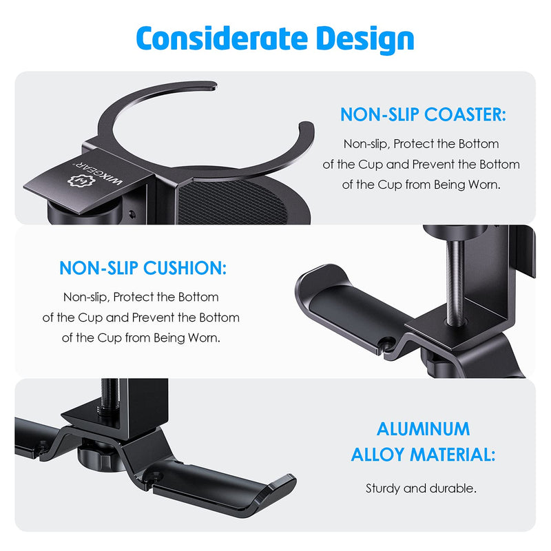[Australia - AusPower] - WixGear Headphone Stand, 2 in 1 PC Gaming Headset Stand Cup Holder, with Cable Organizer, 360° Adjustable & Rotating Arm Clamp Headphone Holder, Suitable for All Headphones and Drinks 