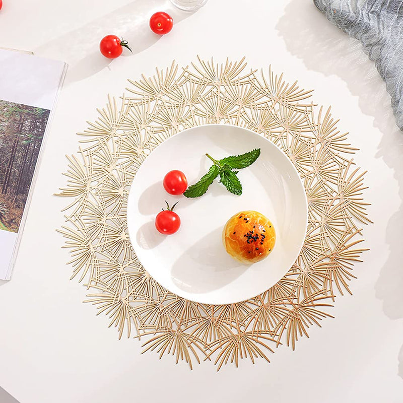 [Australia - AusPower] - Round Gold Placemats Set of 6- Elegant Tablemats-Dandelion Flower Shape Placemats Vinyl Place Mats for Kitchen Dining Table Holiday Wedding Decorative 