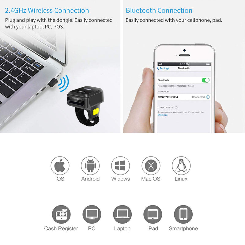 [Australia - AusPower] - Portable Ring Barcode Reader Scanner Bluetooth 2.4Ghz Wireless &USB Wired 3 in 1 Connection Windows.Mac OS.Android.Portable Wearable Mini Finger Bar Code Reader 