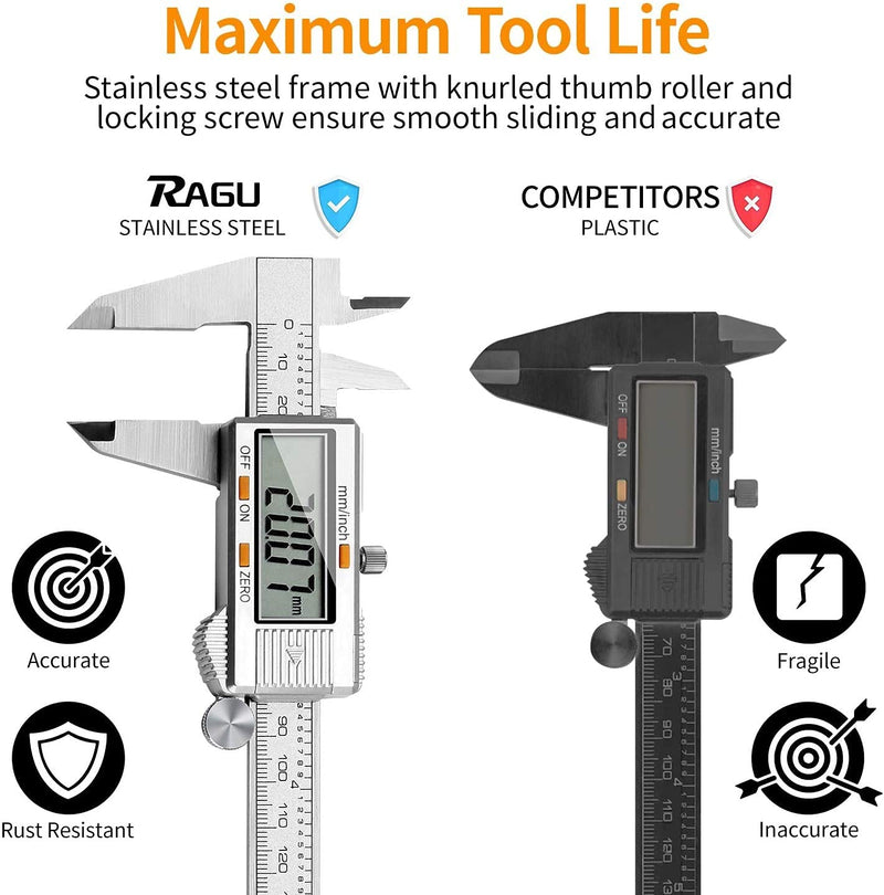 [Australia - AusPower] - RAGU Digital Caliper Stainless Steel 6 inch, Electronic Vernier Caliper Measuring Tool with Large LCD Display Gauge, Inch/Metric Conversion, 20 cm Steel Ruler and Glove for Household Measuring Tool 