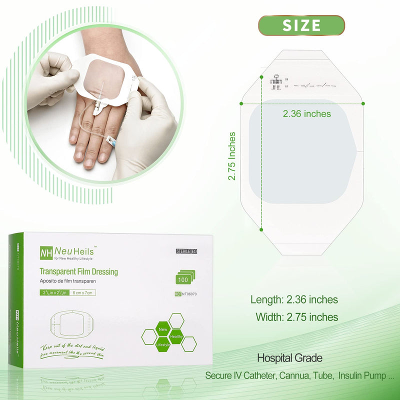 [Australia - AusPower] - NeuHeils Transparent Film Dressing 2 3/8'' x 2 3/4'', 100 Pack, Waterproof Wound Cover Bandage, Clear IV Catheter Tape, Adhesive Patch 