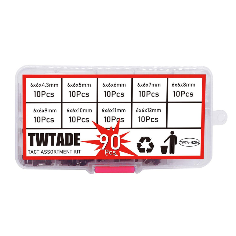 [Australia - AusPower] - TWTADE 90PCS 2 Pin Tactile Switch Micro Momentary Push Button Switch Tact Assortment Kit 6 x 6 x 4.3/5/6/7/8/9/10/11/12mm(Each Values 10pcs) QC-9V-2P 