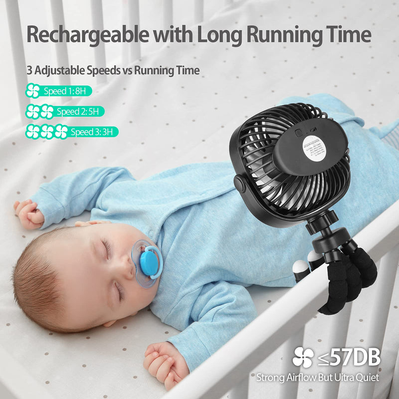 [Australia - AusPower] - Foonsen Rechargeable USB Stroller Fan, Portable Car Fan, Car Seat Fan, Desk Fan, Flexible Tripod Clip on Bed, Bike, and Crib, Battery Powered 