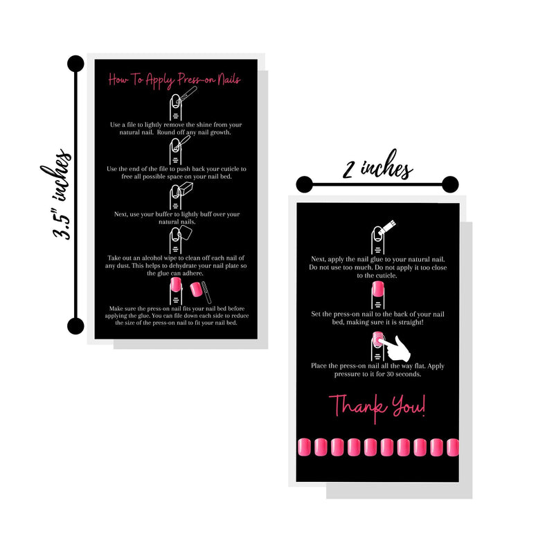 [Australia - AusPower] - Press-On Nail Application Instructions Cards | 50 Pack | 2x3.5" inch Business Card Size | DIY Press-On Nail Kit | Black and Pink Design 