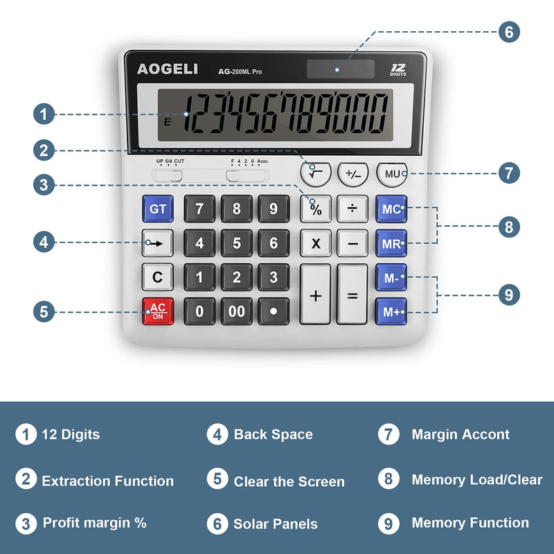 [Australia - AusPower] - Desk Calculator,Two Way Power Battery and Solar Calculators Desktop,Big Buttons Easy to Press Used as Office Calculators for Desk,12 Digit Calculators Large Display,Handheld for Daily and Basic Office white 