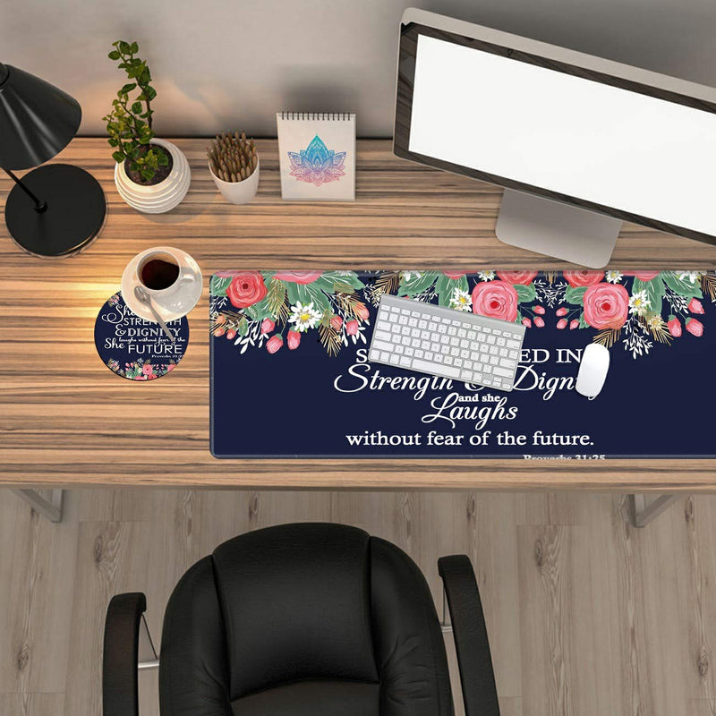 [Australia - AusPower] - Desk Pad Navy Blue Flower Bible Proverbs 31:25 Mouse pad with Cute Coasters and Pink Mandala Stickers Non-Slip Rubber Large Gaming Mouse Mat, Multifunctional Office Desk Mat 