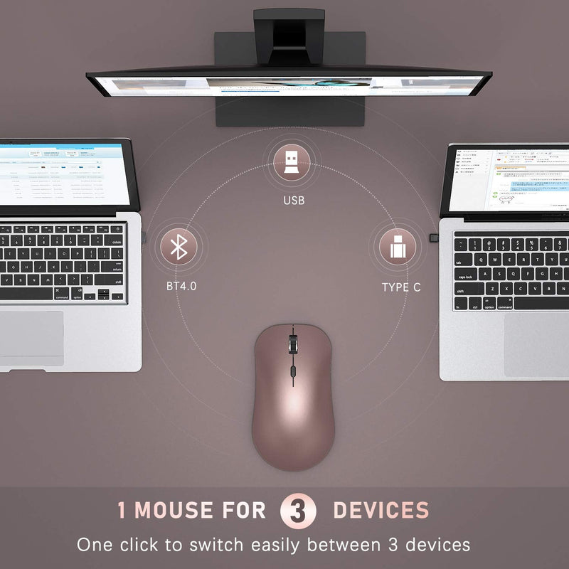 [Australia - AusPower] - seenda Wireless Bluetooth Mouse - Rechargeable Computer Mouse Connected with Bluetooth 4.0 + USB + Type C Receiver Compatible with iPad iPhone Mac OS Android Windows Devices - Rose Gold&Black 