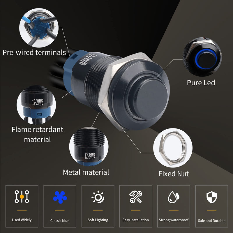[Australia - AusPower] - Starelo 5pcs 12mm Latching led Push Button Switch Black Shell with pre-Wiring, IP65 Waterproof Push Button Switch,1NO 1 Normally,Self-Locking with LED(Blue). 12mm Black Shell 
