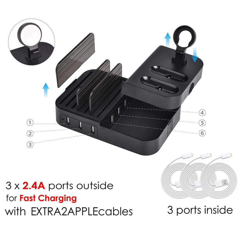 [Australia - AusPower] - Charging Station for Multiple Devices 6 Port 30W Fast Multi USB Charger Station Dock HUB Desktop Wall Charge Stand Organizer for iPad iPhone Airpods iwatch Kindle Tablet Smart Cell Phones Black 