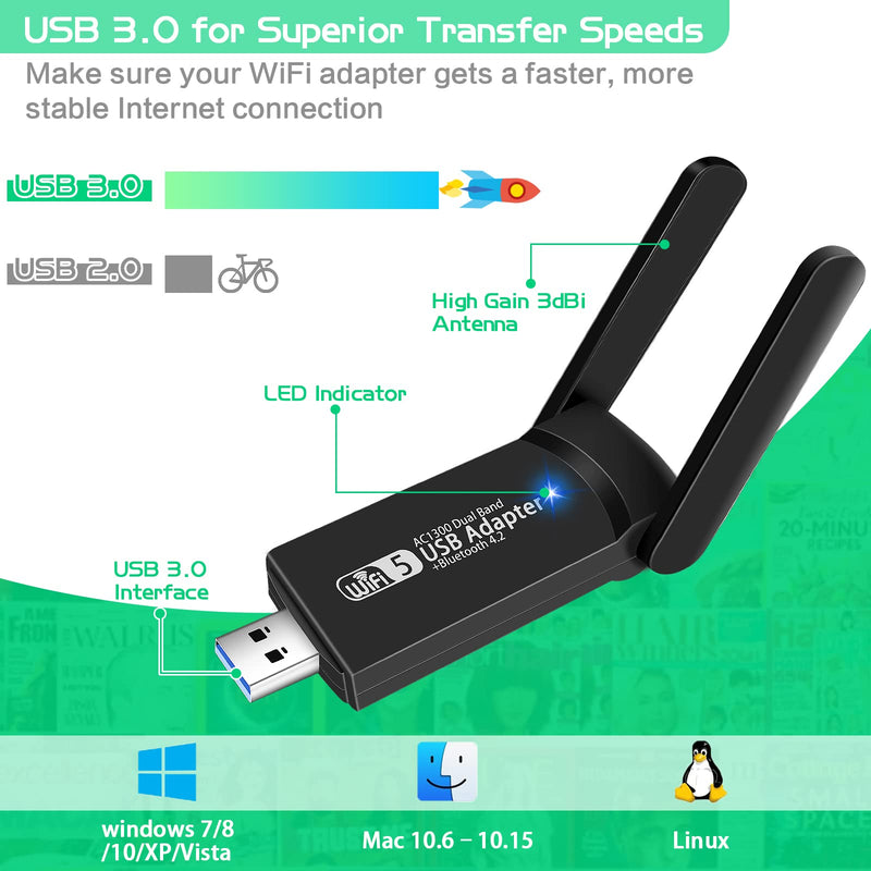 [Australia - AusPower] - USB WiFi Bluetooth Adapter, 1300Mbps Dual Band 2.4/5Ghz Wireless Network External Receiver, Mini WiFi Dongle for PC/Laptop/Desktop 