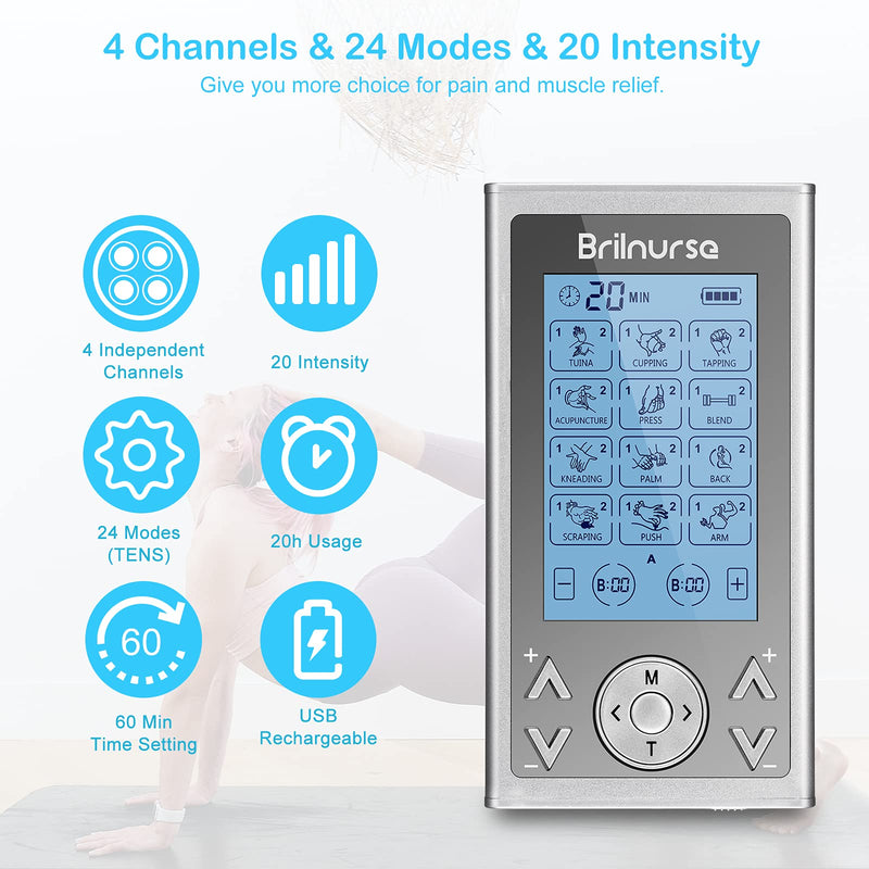 [Australia - AusPower] - Brilnurse 4 Outputs TENS Unit Muscle Stimulator Machine for Pain Relief Therapy, Rechargeable Electric Pulse Massager with 16 Electrode Pads 24 Modes 20 Level Intensity 