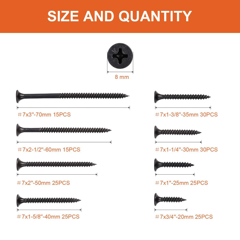 [Australia - AusPower] - 190PCS Premium Drywall Screws, Quality Black Steel #7 Sharp Point Self Tapping Screws with Phillips Drive, 8 Different Sizes Screws Assortment Set, Ideal Screw for Drywall Sheetrock, Wood and More 