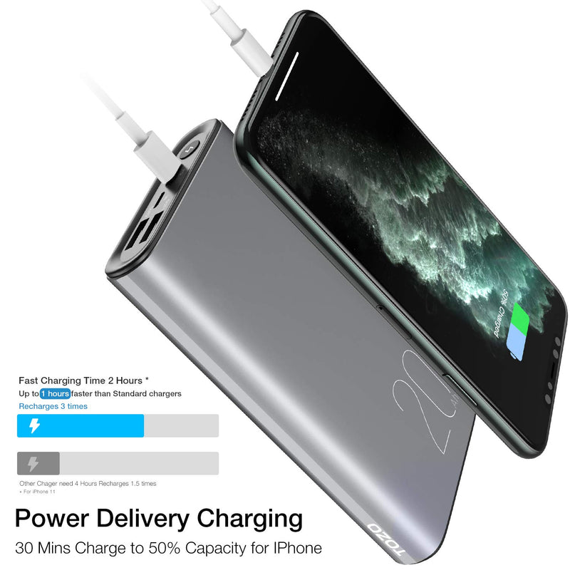 [Australia - AusPower] - TOZO PB1 PD Portable Charger 20000mAh Capacity Fast Charging Power Bank 18W High Charging Speed External Battery Pack with USB-C Input/Output Compatible for iPhone,Samsung,Gray Gray 