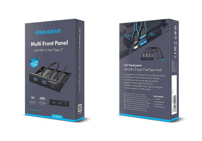 [Australia - AusPower] - GRAUGEAR 3.5 Inch Front Panel Hub, Internal Multi USB Slots of USB 3.2 Gen 2 USB-C and 2 USB 3.0 Ports, 20-Pin USB 3.2 Key-A Header Required, Fits 3.5" PC Computer Case Front Bay [G-MP01] 