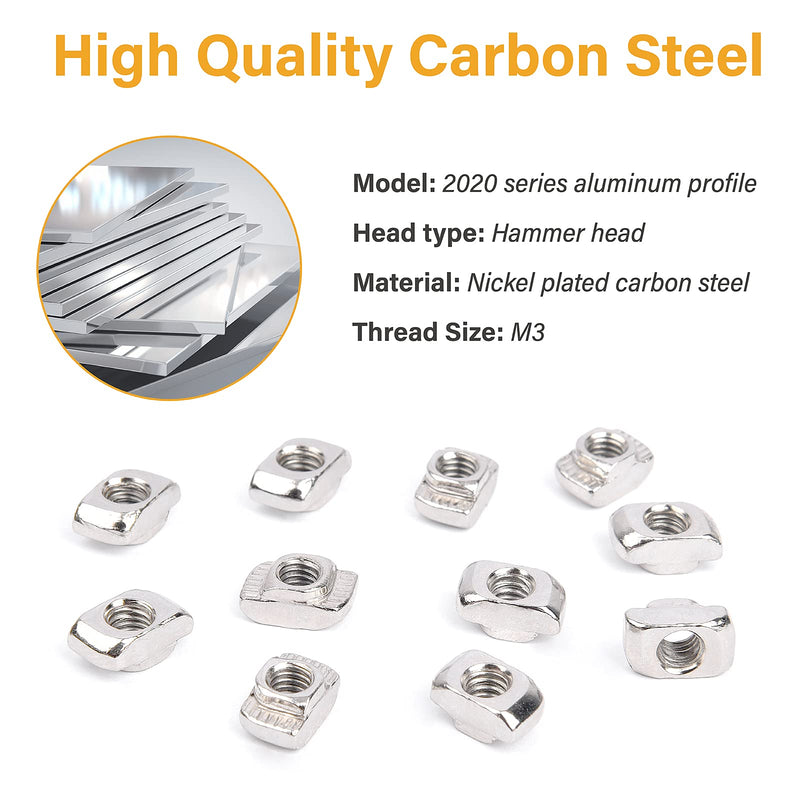 [Australia - AusPower] - VIGRUE 100 Pcs M3 T Slot Nut 2020 Series T Nuts, T Slot Nut Hammer Head Fastener Nut Nickel Plated Carbon Steel for Aluminum Profile (M3) 