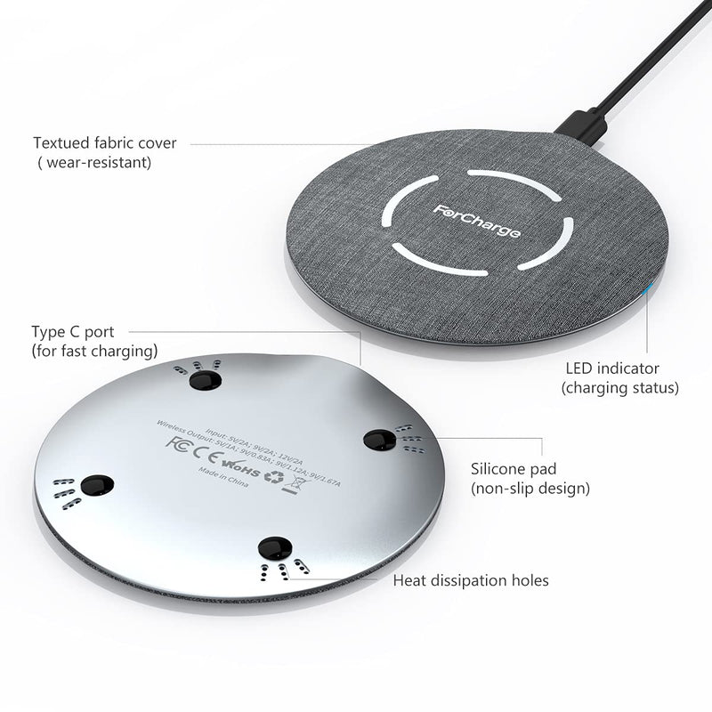 [Australia - AusPower] - Flat Fabric Wireless Charger, 15W Super Slim Universal Wireless Charging Pad for iPhone 12/13/11/XR/X/8, Android Wireless Charger for Galaxy S21/S20 Ultra/S10/Note 10, Pixel 5/4 XL (No AC Adapter) 
