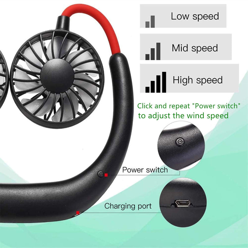 [Australia - AusPower] - Hands Free Portable Neck Fan, Rechargeable Mini USB Personal Fan Sports Fan with 3 Speeds 360 Degree Adjustable head and LED Colored Light Suitable for Outdoor Indoor Traveling Sport (Black) Black 