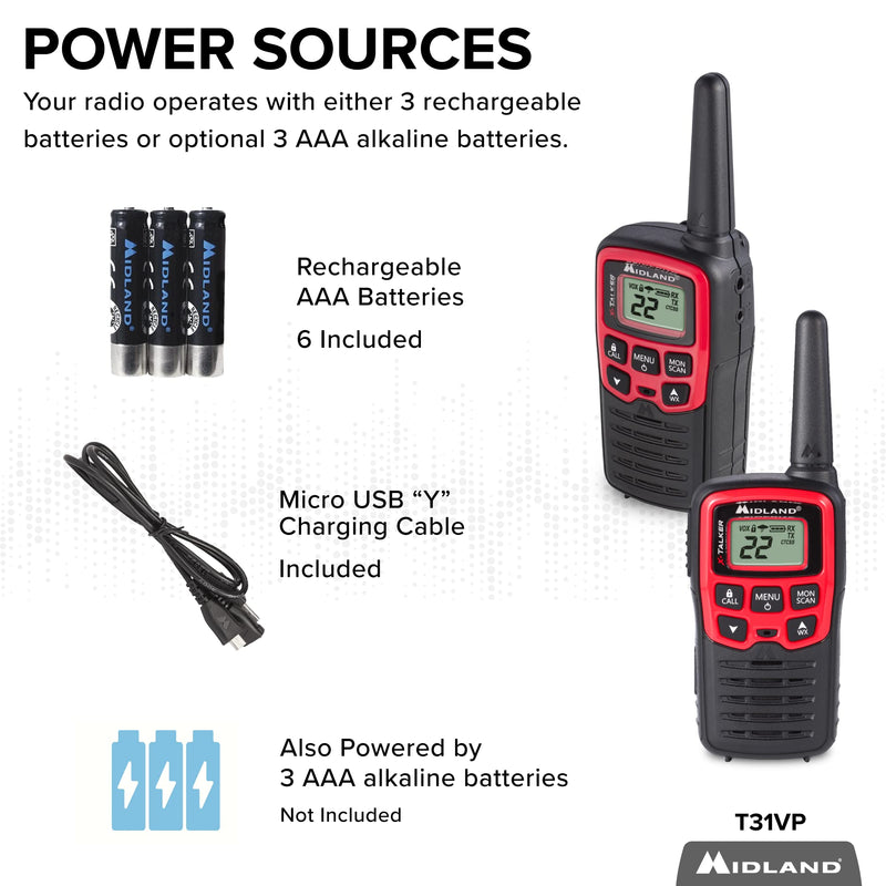 [Australia - AusPower] - Midland - X-TALKER T31VP, 22 Channel FRS Walkie Talkies - Extended Range Two Way Radios, 38 Privacy Codes, & NOAA Weather Alert (Pair Pack) (Black/Red) 2 Pack 