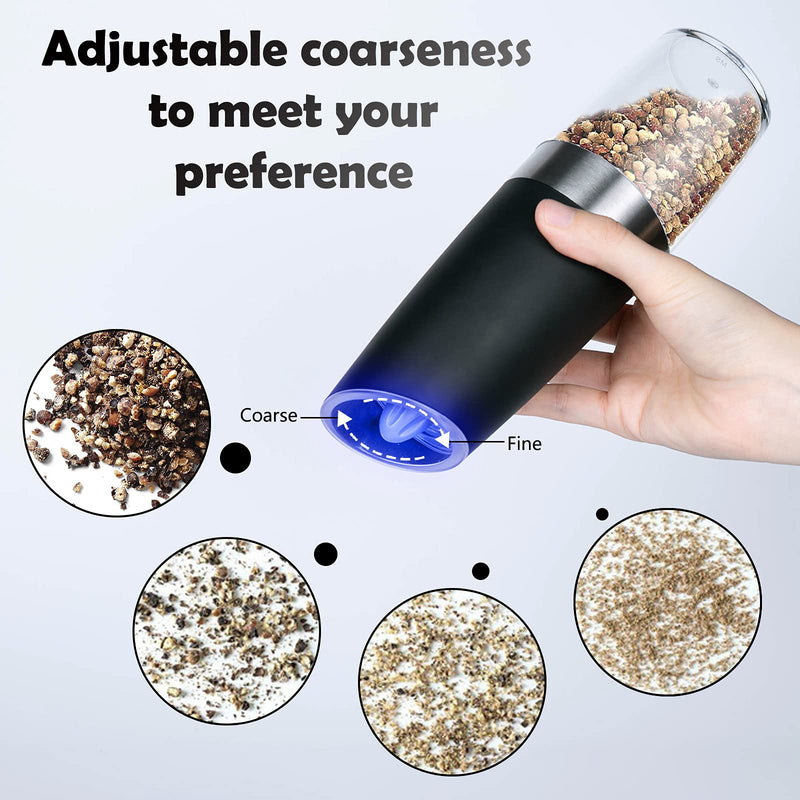 [Australia - AusPower] - Electric Salt and Pepper Grinder Set, Gravity Sensor, Automatic Pepper Mill, One Hand Operation, Battery-Operated with Adjustable Coarseness, Blue Led Light (Black 2 Pack) Black 2P 