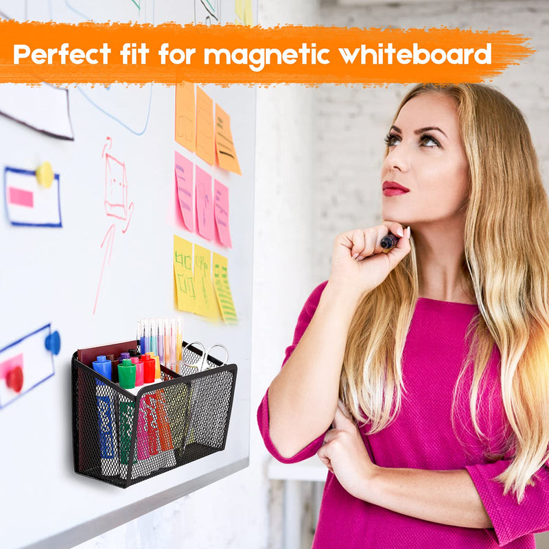 [Australia - AusPower] - Magnetic Pencil Holder - Extra Strong Magnets Mesh Marker Holder Perfect for Whiteboard, Refrigerator and Locker Accessories (2 Baskets, 1 Pack Black) 2 Baskets 