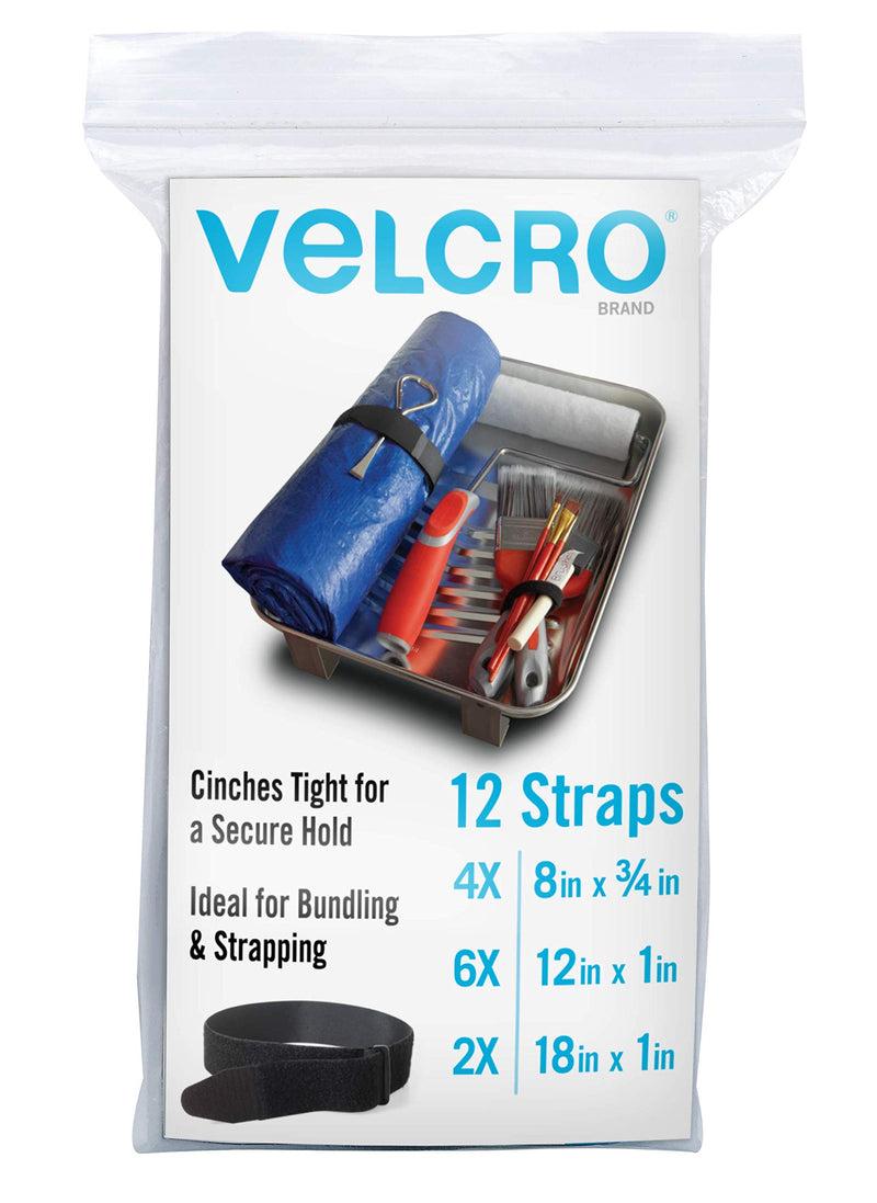 [Australia - AusPower] - VELCRO Brand Bulk Pack 12 Reusable Fastening Cable Straps with Buckle Variety Sizes 8"-12"-18" Multi-Purpose Cinch Strap VEL-30100-AMS 8"-12"-18" 