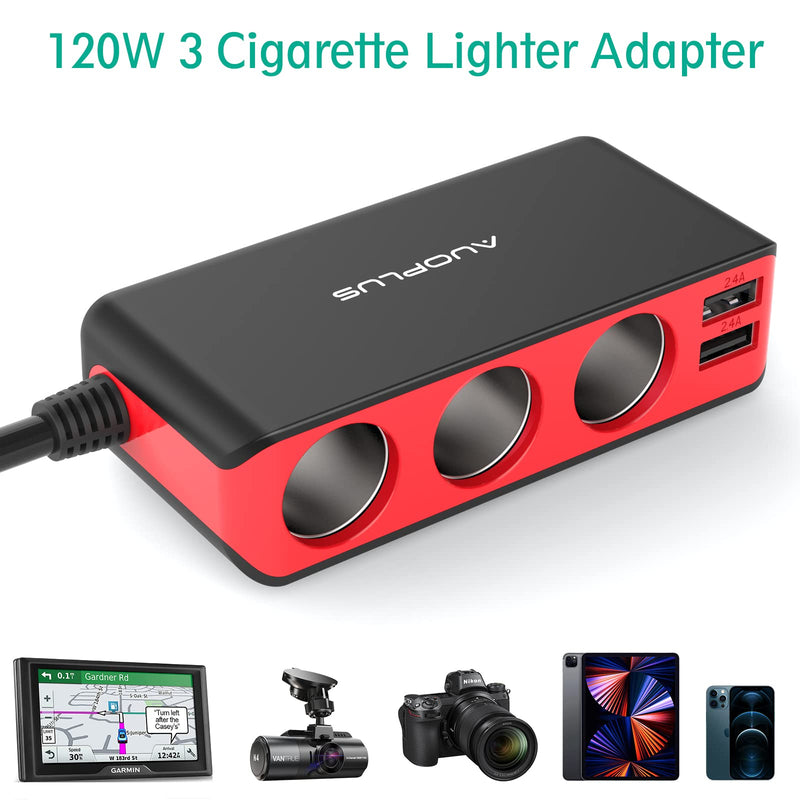 [Australia - AusPower] - AUOPLUS 120W 3 Socket Cigarette Lighter Splitter Car Charger Adapter, LED Voltage Display Dual 4 USB Chargers(6.8A), Car Charger On/Off Switches 12V for iPhone iPad Samsung GPS Dashcam black+red 
