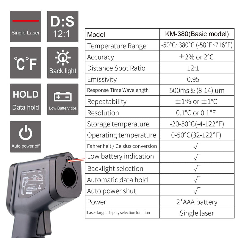 [Australia - AusPower] - Kaemeasu Digital Infrared Thermometer -58℉-716℉ (-50℃ to 380℃) High Precision Handheld Non-Contact Electronic Thermometer Gun KM-380 