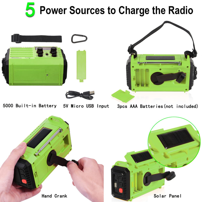 [Australia - AusPower] - NOAA Weather Radio, Emergency Hand Crank Radio with Solar Charger, Portable Battery Operated AM FM Shortwave Radio with LED Flashlight, USB Charger, Earbud Jack, SOS Alert for Home Survival Hurricane Green 