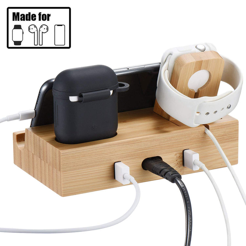 [Australia - AusPower] - WISION 3-Port Bamboo Charging Station Desk Dock Stock Cradle Holder Organizer, Charging Stand for Universal Multi Device, Compatible AirPods/Apple Watch/Cell Phone with Case 