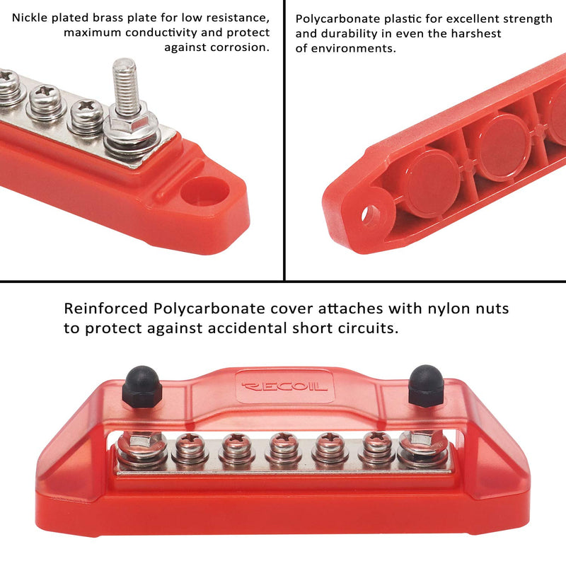 [Australia - AusPower] - RECOIL BBS25P Bus Bar 2 x 1/4” Studs and 5 Screw Terminals Power Distribution Block with Ring Terminals Pair Red & Black Red & Black 2xM5 Studs 5 Screws Pair 