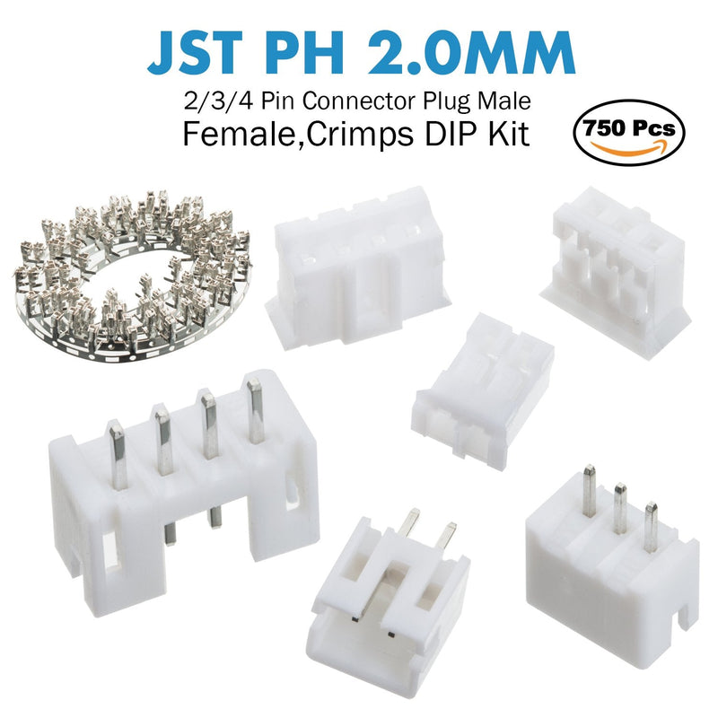 [Australia - AusPower] - CQRobot 150 Sets/750 Pieces JST PH 2.0 mm Pitch 2/3/4-Pin JST Connector Kit. Pin Header with 2.0 mm Pitch, JST PH 2/3/4-Pin Housing JST Adapter Cable Connector Socket Male and Female, Crimp DIP Kit. JST-PH2.0 PH 2P/3P/4P 