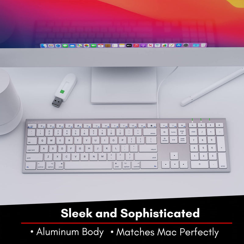 [Australia - AusPower] - Macally Ultra Slim USB Wired Computer Keyboard - Works as Windows or Mac Wired Keyboard - Full Size Keyboard with 20 Apple Shortcut Keys - Mac Keyboard with Number Pad - Silver Aluminum Finish 
