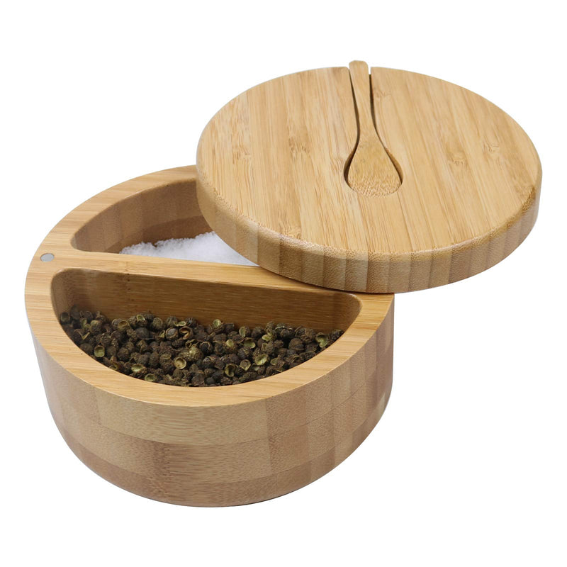 [Australia - AusPower] - Bamboo Salt and Pepper Bowls by HTB, Divided Salt Cellar With Swivel Lid and Spoon, Seasoning Containers With Magnetic Lid to Keep Dry, Mini Spoon Built Into Top, Great When You May Have Messy Hands 