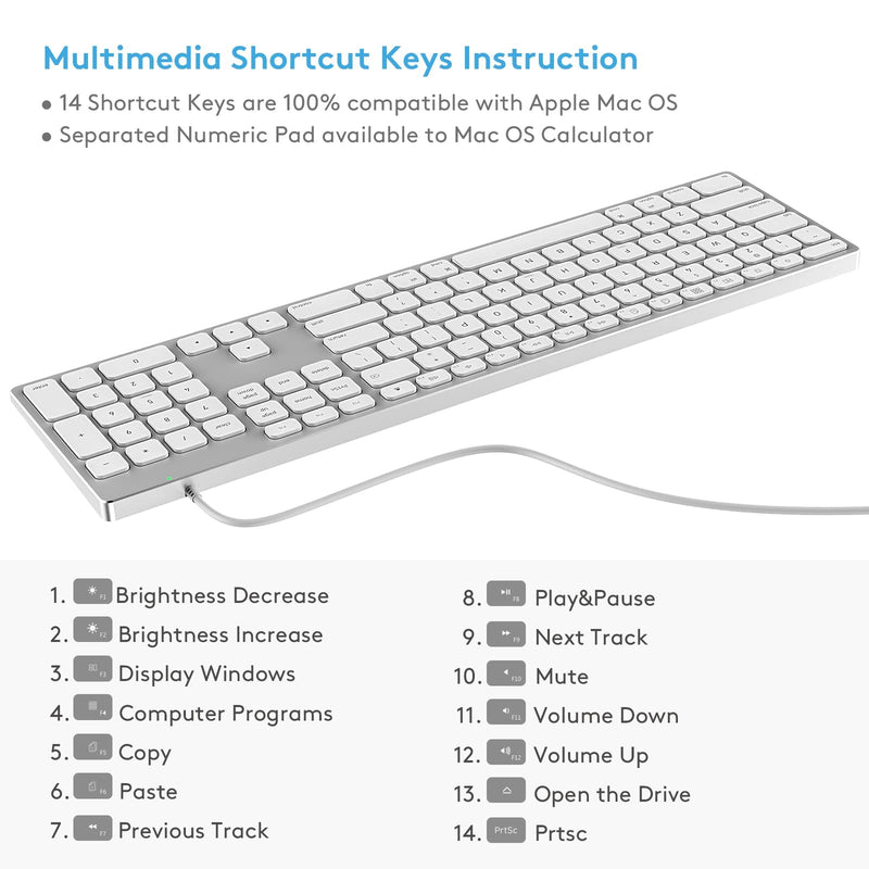 [Australia - AusPower] - Wired Keyboard for Apple Mac OS, All-Aluminum Frame, Plug-N-Play Cable Connection, Desktop USB Keyboard with Numeric Keypad Compatible with iMac Computer or MacBook Laptop by Yivandi -White 