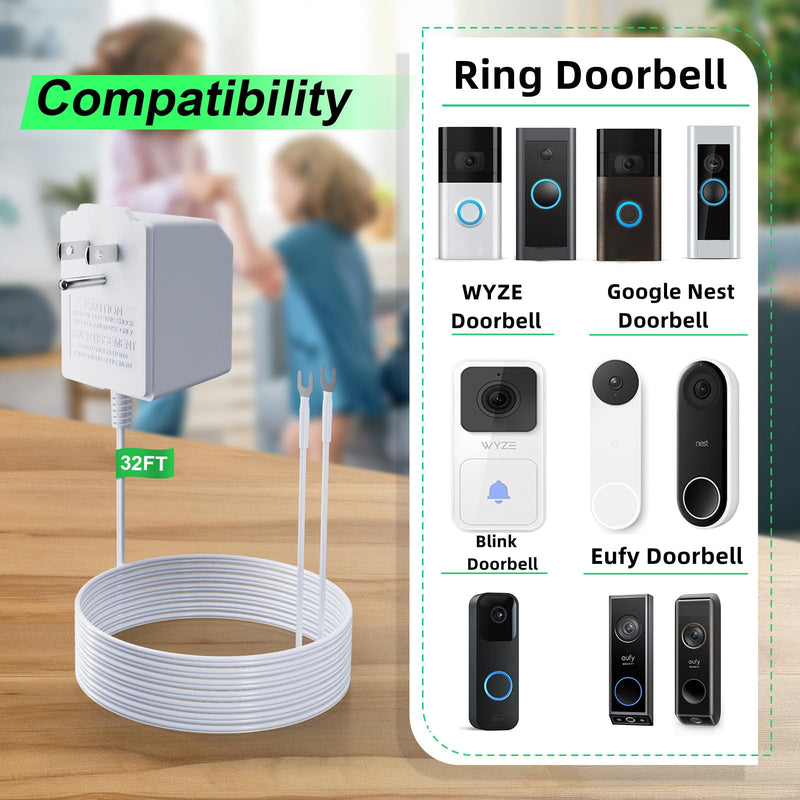 [Australia - AusPower] - Doorbell Transformer 18V500MA Power Supply for Ring Video Doorbell,33FT Extension Cord Compatible with Ring,Google Nest,WYZE, Eufy,Blink Video Doorbells(with Mounting Tool) 