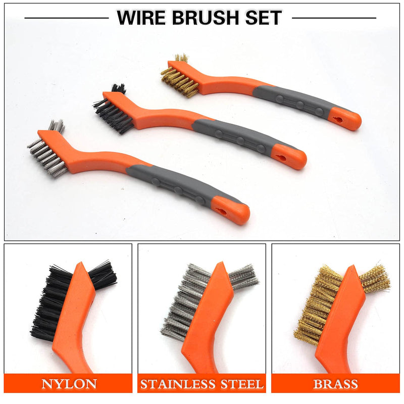 [Australia - AusPower] - Wire Brush Set 5PCS, Nylon/Brass/Stainless Steel/Carbon Steel Bristles Wire Scratch Brush with Curved Rubber Handle for Cleaning Rust, Corrosion, Dirt, Paint Scrubbing, Deep Detailing Cleaning, Orange 