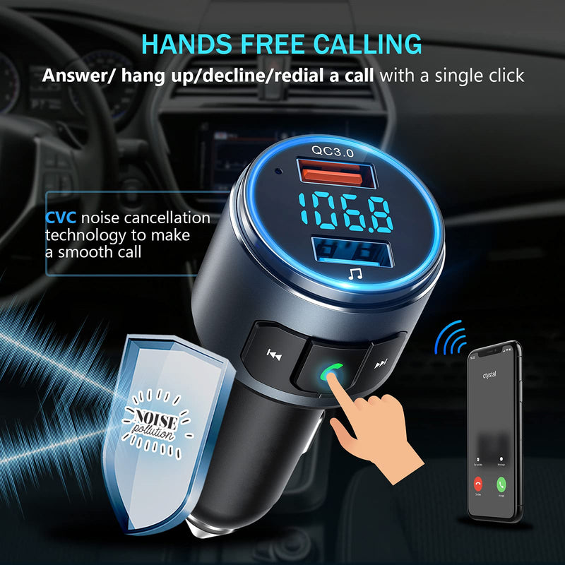 [Australia - AusPower] - Virfine Bluetooth FM Transmitter Car, V5.0 Bluetooth Car Adapter, Bluetooth Radio Car, MP3 Player QC3.0 Quick Charge, Hands Free Calling, 2 Playing Modes, Blue led Display, Black, Medium (BH347) 