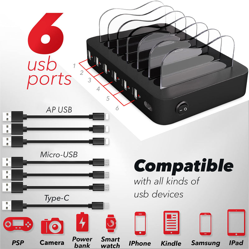 [Australia - AusPower] - Poweroni USB Charging Station for Multiple Devices Apple Android Compatible - Charging Station Organizer with 7 Cables, Fast Charge Multi Device Phone Charger Station Charging Dock (Black 6-Port) 