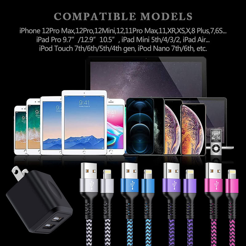 [Australia - AusPower] - iPhone Charger[4+2Pack], USB Cable Fast Charging Braided Multi Color Long Cord with Dual Port USB Plug Wall Charger Adapter for iPhone 13 12 Pro Max Mini/SE/11 Pro Max/XS/XR/X/8/7 Plus/6s/6, iPad Air 