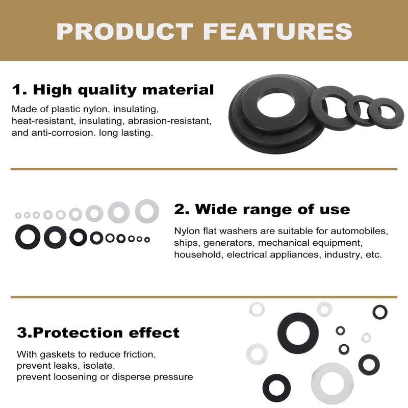 [Australia - AusPower] - QTEATAK 420 Pcs Black/White Nylon Flat Washers Assortment Kit for M2 M2.5 M3 M4 M5 M6 M8 M10 M12 Screws & Bolt 