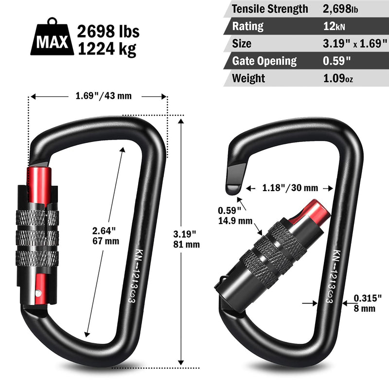 [Australia - AusPower] - FresKaro 3inch Auto Locking Carabiner Clips, Solid D Shape Style, Strong and Heavy Duty Hold Max 2698lbs, Ultra Light 1.09oz, Black (Black, Pink) Black-3pcs 