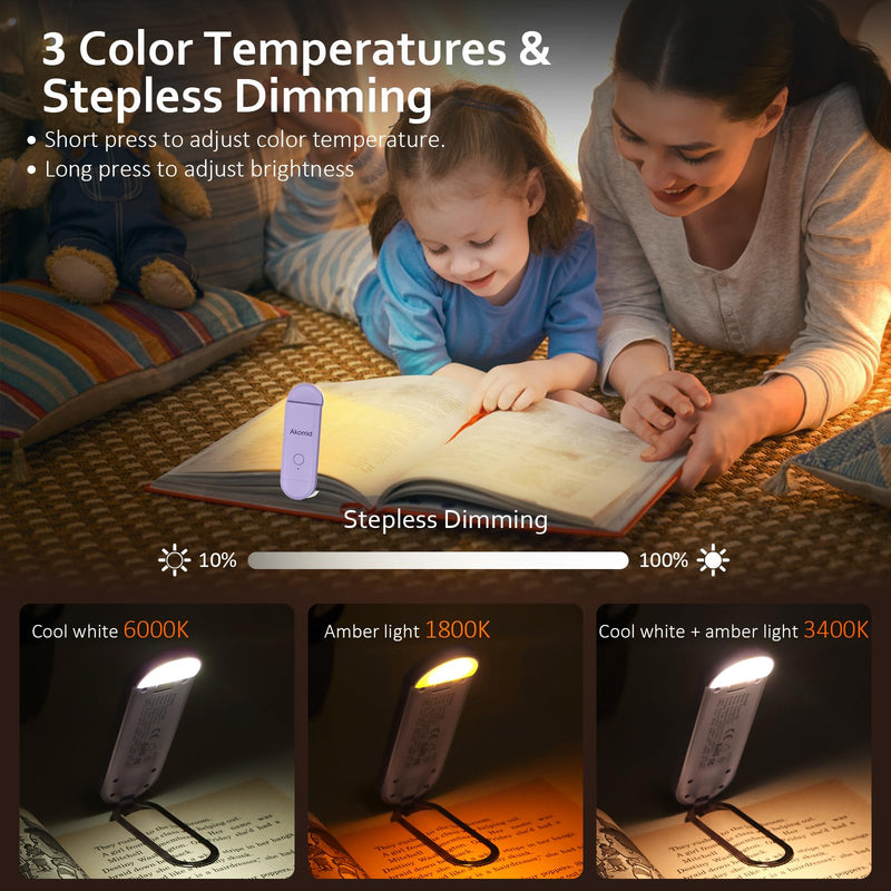 [Australia - AusPower] - Akomid Book Light, USB Rechargeable Reading Light, Eye-Cared Amber Light Mode Book Light for Reading in Bed Kids, 8 LEDs Bookmark Portable Book Light Clip on, Stepless Dimming, Purple 