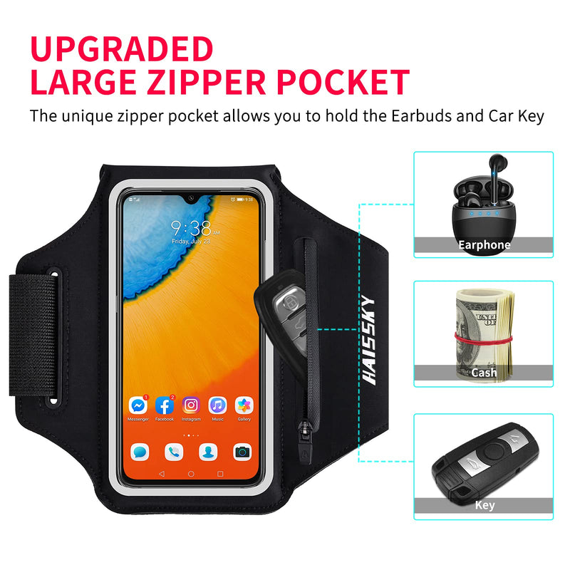 [Australia - AusPower] - HAISSKY Running Armband with Airpods Bag Cell Phone Armband for iPhone 12 Pro/11 Pro/XS/X/8, Galaxy S21/S20/S10, Water Resistant Sports Phone Holder & Zipper Slot Car Key Holder for 6.4 inch Phone Black (Up to 6.4'') 